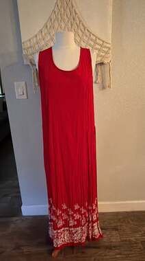 Vtg ACCESS Red Rayon Sleeveless Floral Border Print Maxi Dress